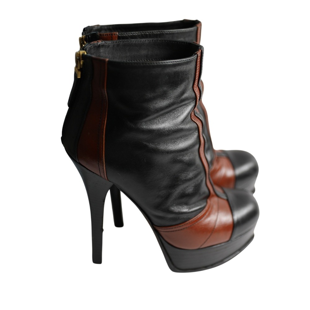Fendi Black Brown Leather Platform Ankle Boots FF Logo Stiletto Heel 39 Italy - Picture 10 of 10